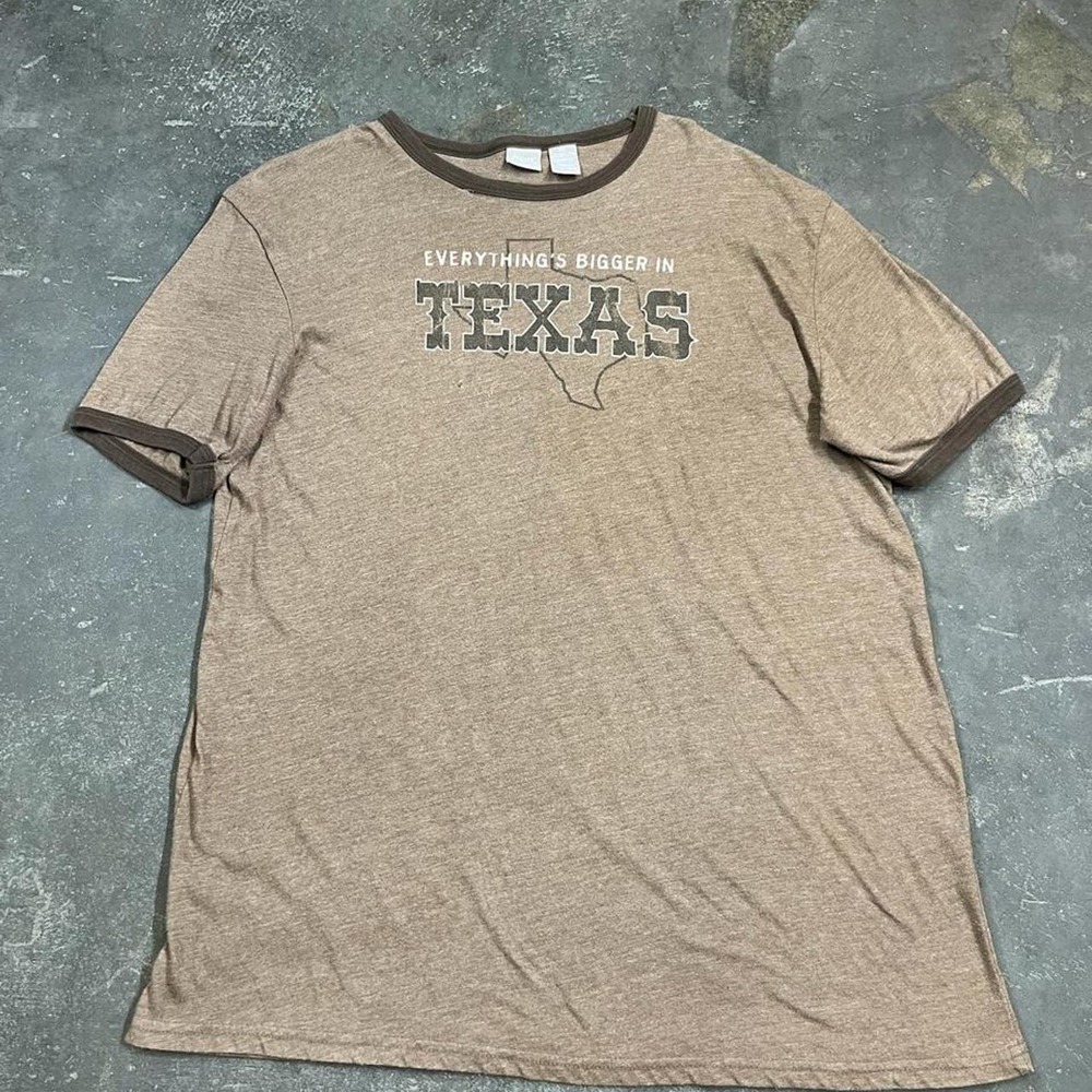 Vintage Utility Everything’s Bigger In Texas Brown Ringer Tee Shirt Mens XL